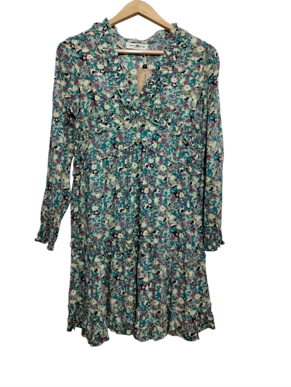 Natural Life Teal Multi Floral Mini Dress Womens XS Long Sleeve Tiered Boho
